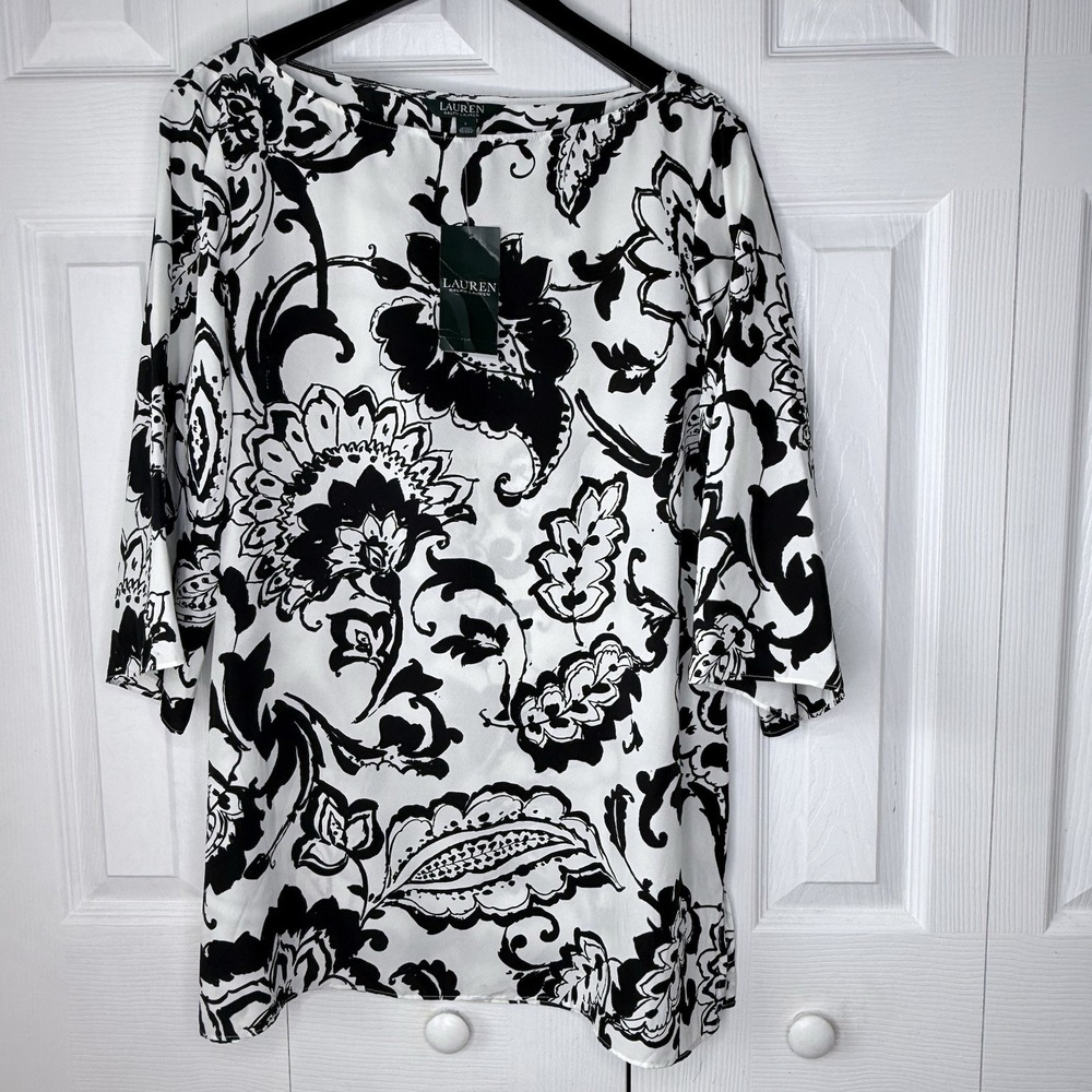 Lauren Ralph Lauren Richardson Paisley Floral Boat Neck Tunic Blouse NWT Black L